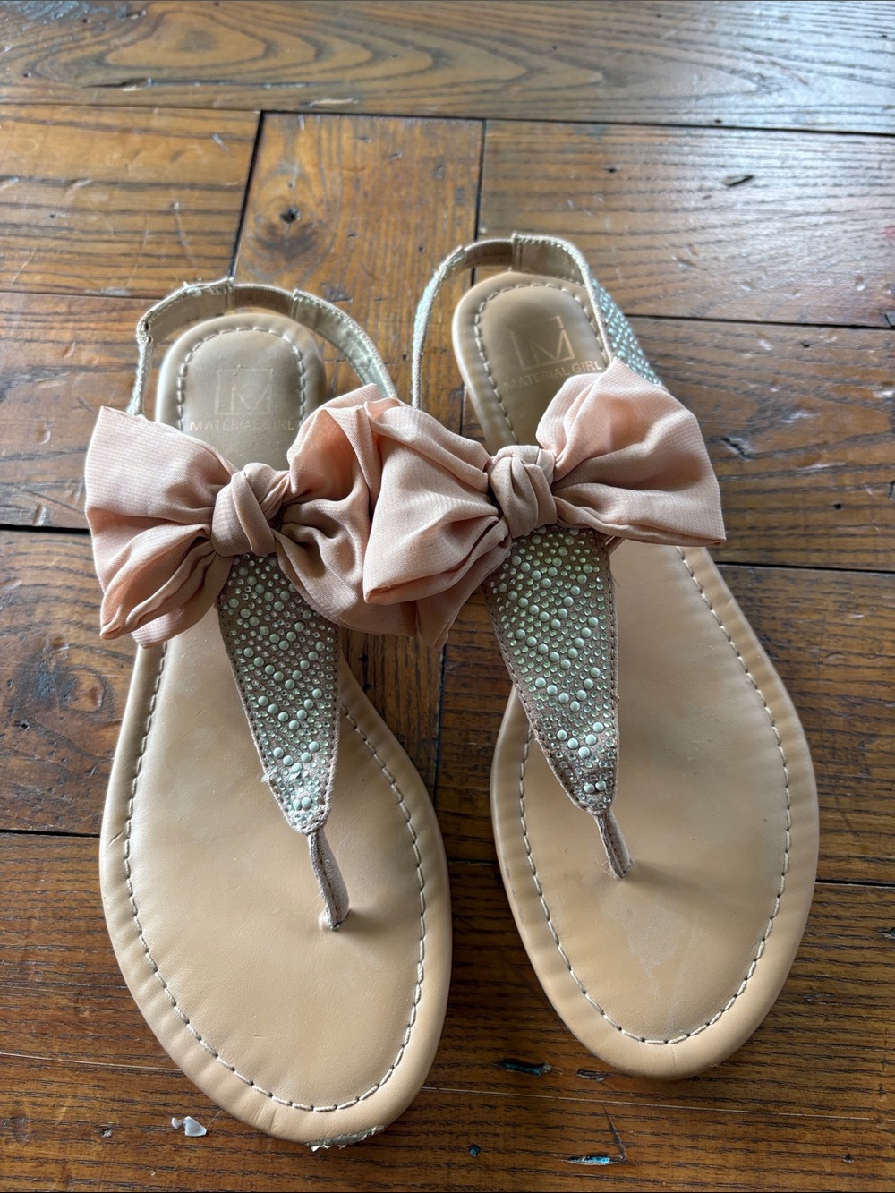Material Girl Pink Bow Rhinestone Thong Sandals